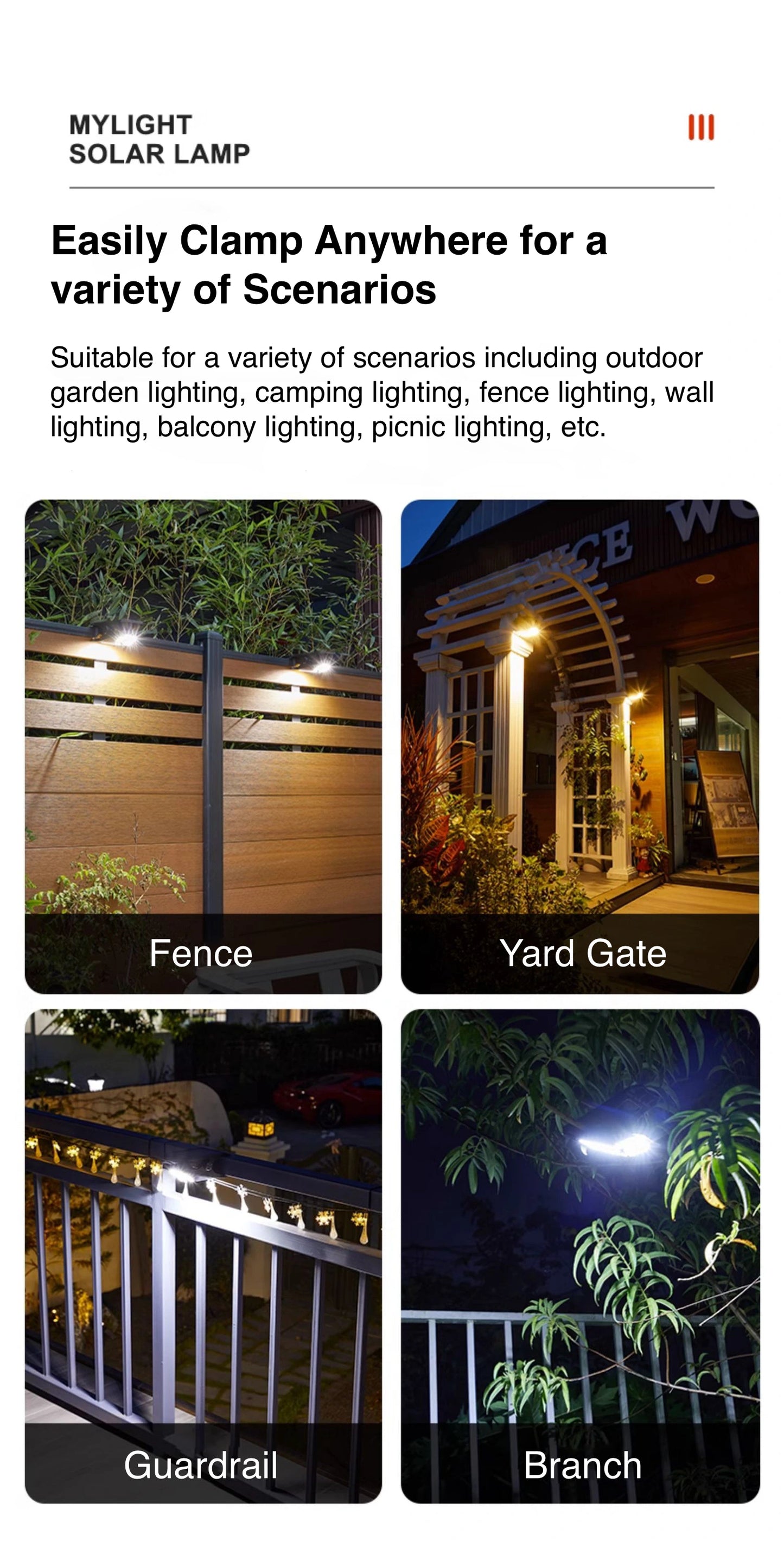 Clamp Outdoor Solar Light LED Solar Flood Light for Garage Patio Deck